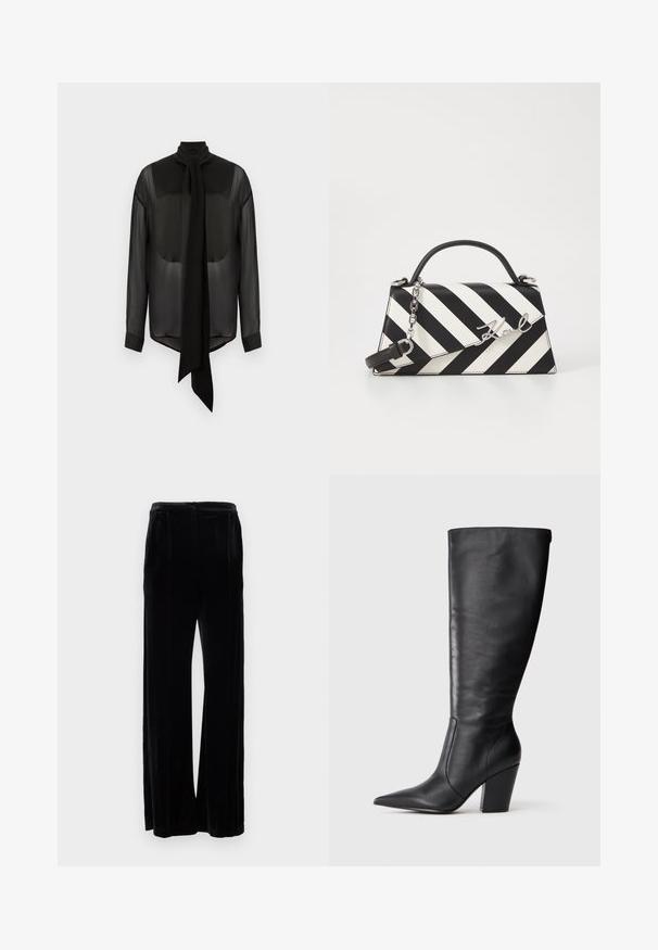 Blouse en chiffon noir avec un long nœud, un col montant et des manches longues. Texture transparente avec des poignets noirs unis et un ourlet arrondi.; Pantalons à jambes larges en velours noir, avec une texture lisse, présentant une taille haute et deux plis avant, descendant jusqu'au sol.; Botte en cuir noire à hauteur de genou avec bout pointu et talon large, présentée en profil latéral gauche sur fond blanc.; Sac à main rayé noir et blanc avec une forme structurée, doté d'une poignée supérieur, d'une bandoulière en chaîne amovible et d'un accent logo métallisé.