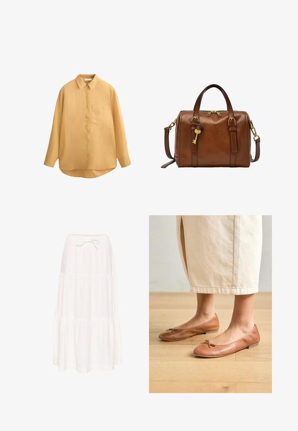 Mosterdgele button-up shirt met een kraag, lange mouwen, textuurstof en een enkele borstzak; afgeronde onderrand en schelpenknopen.; Witte, gelaagde maxi-rok van lichtgewicht stof. Voorzien van een elastische tailleband met een strikkoord. Soepele textuur, eenvoudig ontwerp.; Bruine leren ballet flats met een ronde neus en een klein strikdetail, vlakke hak en een gladde textuur, gecombineerd met een lichte rok.; Bruine leren handtas met gouden hardware. Ritssluiting, twee korte handvatten, afneembare schouderriem en een sleutelaccentdetail.