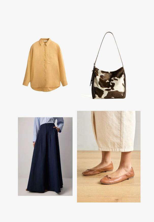Mosterdgele button-up shirt met een kraag, lange mouwen, textuurstof en een enkele borstzak; afgeronde onderrand en schelpenknopen.; Navy lange rok met plooien, gemaakt van lichtgewicht stof, met zijzakken en een hoge tailleband. Glad textuur en elegante val.; Bruine leren ballet flats met een ronde neus en een klein strikdetail, vlakke hak en een gladde textuur, gecombineerd met een lichte rok.; Bruine en crèmekleurige koeienhuid schoudertas met een gladde leren band, ritssluiting en een zachte, tekstuursurface met een natuurlijk patroon.