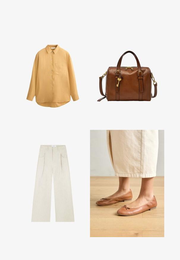 Musztardowa koszula z guzikami, z kołnierzykiem, długimi rękawami, teksturowanym materiałem i jedną kieszenią na piersi; zaokrąglony dół i guziki z muszli.; Beżowe spodnie o szerokich nogawkach z pionowymi prążkami, z kieszeniami z przodu, plisami oraz wszytym pasem dla uzyskania struktury.; Brązowe skórzane baleriny z okrągłym noskiem i małym ozdobnym kokardką, płaskim obcasem i gładką fakturą, w zestawieniu z jasną spódnicą.; Brązowa skórzana torebka z złotymi akcentami. Zamek błyskawiczny, dwa krótkie uchwyty, odczepiany pasek na ramię oraz detal w kształcie klucza.