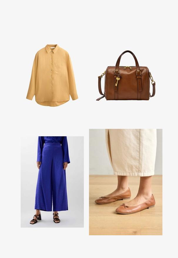 Senapsgul skjorta med krage, långa ärmar, texturerad tyg, och en bröstficka; rundad nederkant och snäckskalsknappar.; Vida byxa i livlig blått tyg med ett subtilt mönster, med platt midja och matchas med svarta sandaletter med blockklack.; Bruna läderballetskor med rundad tå och en liten rosett, platt klack och slät yta, som bärs tillsammans med en ljusfärgad kjol.; Brun läderhandväska med guldfärgade detaljer. Dragkedjestängning, två korta handtag, avtagbar axelrem och en nyckelaccentdetalj.
