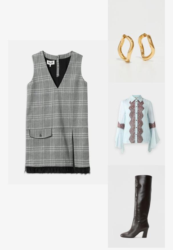 Bluză de culoare albastru deschis, cu accente din dantelă maro și un model în dungi. Prezintă un guler ascuțit, închidere cu nasturi și mâneci evazate.; Rochie fără mâneci, cu carouri gri, guler în V, buzunar lateral și dantelă la tiv. Prezintă o căptușeală neagră și închidere cu nasture la spate.; Ghete din piele de culoare maro închis, până la genunchi, cu o textură netedă, vârf ascuțit și toc masiv. Prezintă detalii de marcă pe lateral.; Cercei din aur cu un design curbat, neregulat și o textură netedă și lustruită. Fără accesorii sau elemente vizibile.