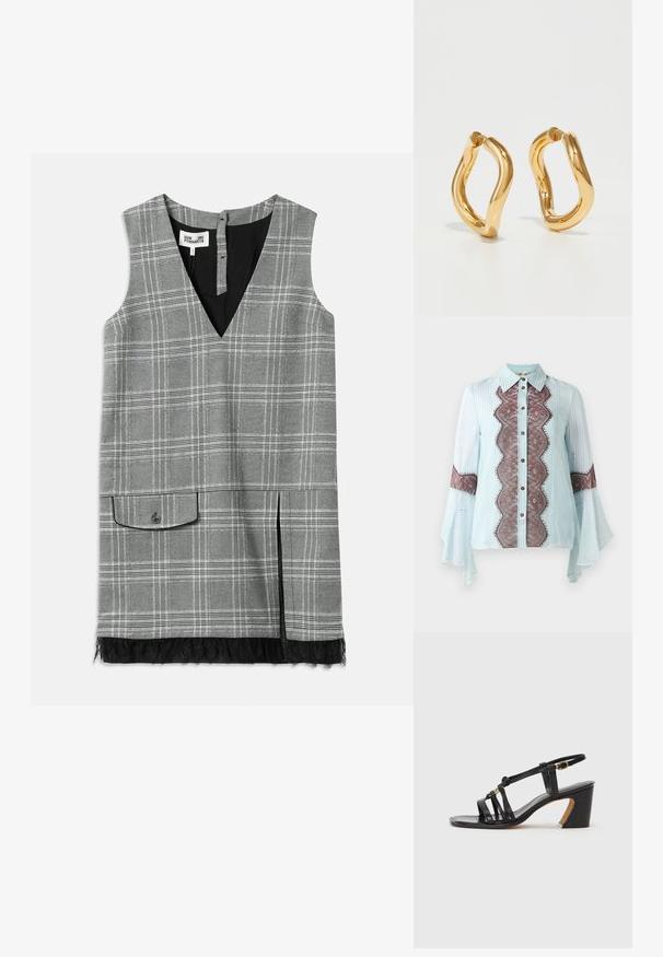 Világoskék blúz barna csipke díszítéssel és csíkos mintával. Jellemzője a hegyes gallér, gombos zárás és a bővülő ujjak.; Szürke kockás, ujjatlan ruha V-nyakkal, oldalsó zsebbel és csipke díszítéssel az alján. Fekete bélés és gombos zárás található a hátsó részen.; Paul Smith AMIRA - Klasszikus sarkú cipők - black; Aranyszínű karikafülbevalók íves, szabálytalan formával és sima, fényes felülettel. Nincsenek látható hardverek vagy díszítések.