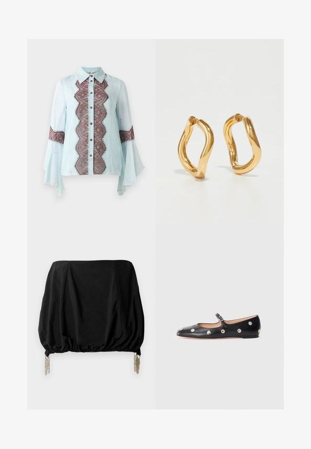 Svetlomodrá blúzka s hnedým čipkovým akcentom a pruhovaným vzorom. Má špicatý golier, zapínanie na gombíky a rozšírené rukávy.; Čierny skrátený top so zhromaždeným dizajnom, so elastickým lemom a kovovými klipmi ako akcentmi. Vyrobené z ľahkého materiálu.; Čierne kožené baleríny typu Mary Jane s okrúhlou špičkou, so striebornými kruhovými cvokmi a nastaviteľným remienkom so sponou.; Zlaté kruhové náušnice s zakriveným, nepravidelným tvarom a hladkým, lesklým povrchom. Bez viditeľného hardvéru alebo akcentov.