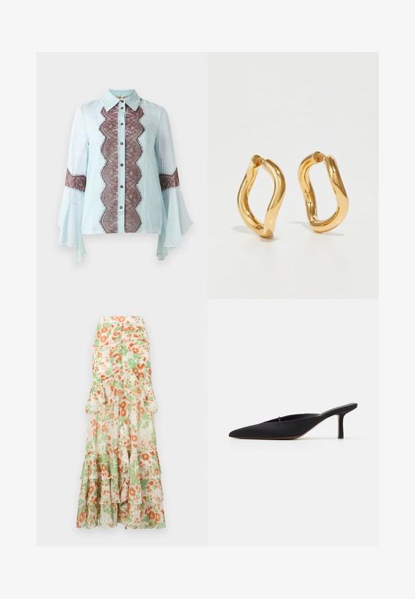 Chemisier bleu clair avec accent en dentelle marron et motif rayé. Présente un col pointu, une fermeture à boutons et des manches évasées.; Jupe maxi florale avec un fond crème, imprimé de fleurs orange et vertes, couches froncées et design de taille ajustée.; Mule noir à bout pointu avec un design élégant, fabriqué en tissu lisse, présentant un talon fin et un dos ouvert pour faciliter l'enfilage.; Boucles d'oreilles en forme de cerceau de couleur dorée avec une forme courbée et irrégulière et une texture lisse et polie. Aucun matériel ou accent visible.