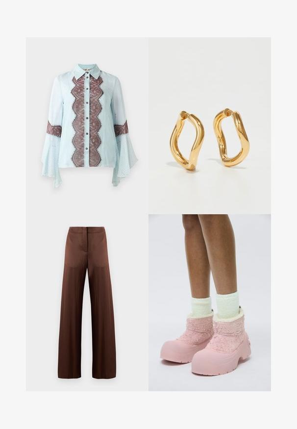 Light blue blouse with brown lace accent and striped pattern. Features a pointed collar, button closure, and flared sleeves.; Brown wide-leg trousers made of smooth, lightweight fabric, featuring a flat front, no pockets, and a straight silhouette.; Pink rubber boots with textured fuzzy upper, soft lining, and chunky sole. Worn with pale green fluffy ankle socks.; Gold-colored hoop earrings with a curved, irregular shape and a smooth, polished texture. No visible hardware or accents.