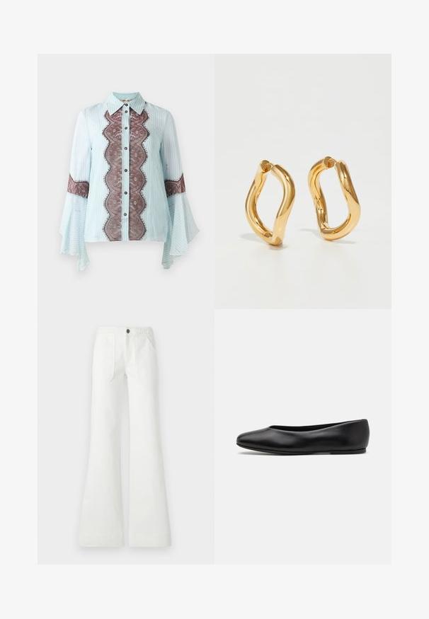 Light blue blouse with brown lace accent and striped pattern. Features a pointed collar, button closure, and flared sleeves.; White flared pants made of woven fabric, featuring a braided waistband, two front pockets, and a smooth texture. Fastened with a black button.; Paul Smith TOPANGA - Ballet pumps - black; Gold-colored hoop earrings with a curved, irregular shape and a smooth, polished texture. No visible hardware or accents.