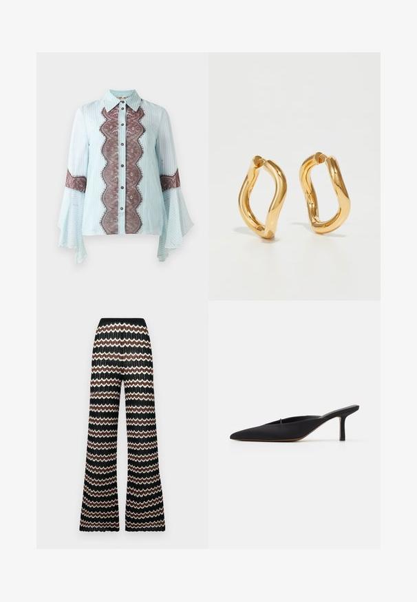 Light blue blouse with brown lace accent and striped pattern. Features a pointed collar, button closure, and flared sleeves.; Knit flared pants with a zigzag pattern in black, white, and brown. Features a textured finish and an elastic waistband.; Black pointed-toe mule with a sleek design, made of smooth fabric, featuring a slender heel and open back for easy wear.; Gold-colored hoop earrings with a curved, irregular shape and a smooth, polished texture. No visible hardware or accents.