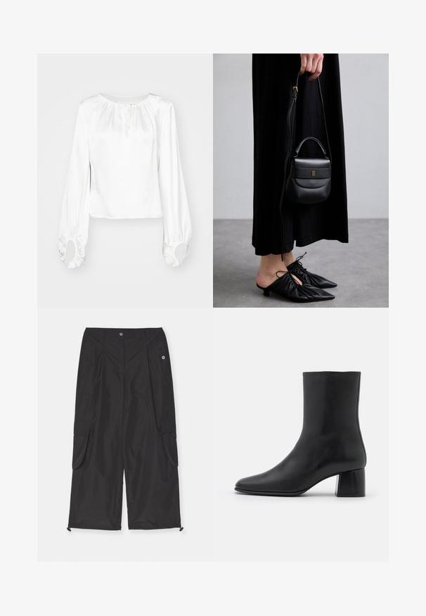 Valkoinen pitkähihaiseksi puseroksi, jossa on sileä kangas, kerätty kaula-aukko, nyöriyksityiskohta ja elastiset hihansuut pyöreillä aukkoilla.; Mustia reisihousut, jotka on valmistettu kevyestä kankaasta, sisältävät sivutaskut, säädettävän naruhelman ja napituksen.; Mustat nahkasaappaat nilkkakorkeudella, joissa on terävä kärki ja tukeva neliön muotoinen korko. Sileä pinta, saumaton muotoilu ja minimalistinen ommel.; Pieni musta nahkabag, jonka muoto on pyöreä, yläkahva ja irrotettava olkahihna. Yhdistetty mustan kankaan mekkoon ja mustiin plissee-kenkään.