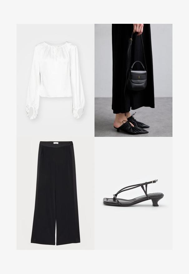 White long-sleeve blouse in smooth fabric, featuring a gathered neckline, drawstring detail, and elasticized cuffs with round openings.; Wide-leg black trousers made of smooth fabric, featuring a flat waistband, pleats, and side pockets. Clean lines with minimal detailing.; Black leather sandal with thin straps, low block heel, and square toe. Features a buckle closure and smooth texture.; Small black leather handbag with a rounded shape, top handle, and removable strap. Worn with black fabric dress and black pleated shoes.