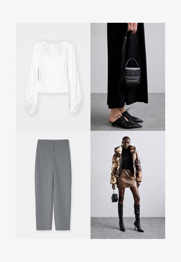 White long-sleeve blouse in smooth fabric, featuring a gathered neckline, drawstring detail, and elasticized cuffs with round openings.; Emporio Armani PANTALONI - Trousers - grey; Puffer jacket with a brown and black pattern, paired with a brown snake print mini skirt, black knee-high boots, and a small black bag.; Small black leather handbag with a rounded shape, top handle, and removable strap. Worn with black fabric dress and black pleated shoes.