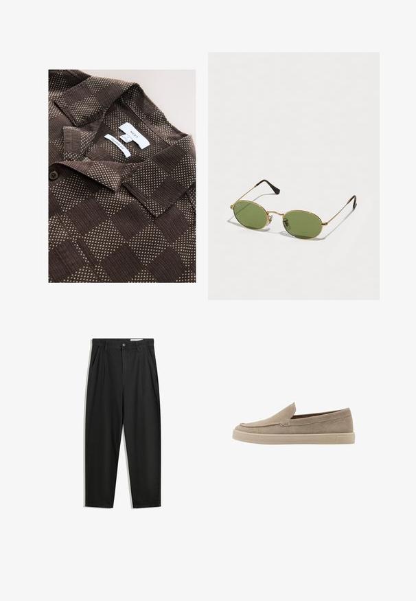 Bruine geblokte shirt met een ontspannen pasvorm, een subtiel geruit ontwerp en lichte stof. Gedetailleerde kraag en knoopsluiting.; Zwarte katoenen broeken met een losse pasvorm, voorzien van een klassieke tailleband, voorplooien en zijzakken. Gladde structuur zonder patronen.; Beige suède instap schoenen met een afgeronde neus, laag profiel en een gestructureerd oppervlak. Kenmerkt subtiele stikdetails langs de bovenkant.; Ovale zonnebrillen met groene glazen, gouden metalen frame en donkerbruin plastic uiteinden. Lichtgewicht met zichtbaar Ray-Ban-logo op één glas.