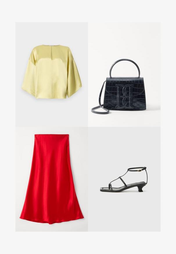 Gelbe satins Bluse mit Rundhalsausschnitt, kurzen, weiten Ärmeln und einem Schlitzdetail vorne. Glatte Textur und lockere Passform.; Roter Satinrock mit glatter Textur, voller Länge und fließendem Design, das am Saum ausläuft. Einfach, in einfarbiger Ausführung ohne Verzierungen.; Schwarze Ledersandale mit quadratischer Zehenpartie, dünnen Riemen, verstellbarem Knöchelriemen und einem niedrigen Absatz. Mit einem kleinen goldenen Akzent am Riemen.; Schwarze Handtasche aus Krokodilprägung mit strukturiertem Design, Oberhandgriff, verstellbarem Tragegurt und einem auffälligen Logo-Detail auf der Vorderseite.; Goldfarbener Brosche mit einem geknoteten Design, sanften, geschwungenen Linien und einer filigranen Form, die eine polierte Oberfläche widerspiegelt.