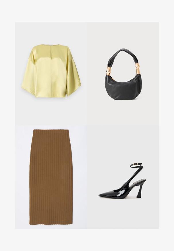 Keltainen satiinipusero, jossa on pyöreä kaula-aukko, lyhyet leveät hihat ja edessä avainreikäyksityiskohta. Sujuva pinta ja rento istuvuus.; Ruskoharmaa ribattu neule midi-hame, jossa on suora muoto ja istuva vyötärö. Hameessa on pystysuoria viivoja rakenteen luomiseksi ja siisti reuna helman kohdalla.; Musta patenttinen nahka slingback-korkokengät, joissa on teräväkärkinen muoto, säädettävä nilkkastrappi ja kohtuullinen lohkokorko. Sujuva pinta kiiltävällä viimeistelyllä.; Musta nahkalaukku pyöreällä muodolla, pehmeällä pinnalla ja solmulla varustetulla kahvalla, jossa on kultasävyiset yksityiskohdat. Vetoketjusuljenta.
