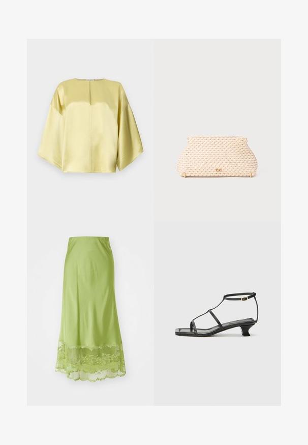 Žlutá saténová blůza s kulatým výstřihem, krátkými širokými rukávy a detailním výřezem vpředu. Hladká textura a uvolněný střih.; Dlouhá sukně ve limetkově zelené barvě vyrobená z hladkého materiálu. Má krajkový lem na okraji s vyšitými květinovými vzory ve shodné barvě.; Černá kožená sandál s čtveratou špičkou, tenkými popruhy, nastavitelným kotníkovým popruhem a nízkým podpatkem. Obsahuje malý zlatý akcent na popruhu.; Tkaná béžová kabelka typu clutch s zaobleným tvarem, akcenty zlatohnědého kovu a texturovaným vzorem. Uzavírací mechanismus nahoře.; Brož ve zlatém tónu s uzlovým vzorem, hladkými zakřivenými liniemi a složitým tvarem, odrážející lesklý povrch.