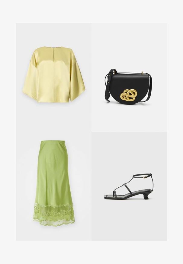 Blouse en satin jaune avec un col rond, des manches courtes larges et un détail en forme de trou de serrure à l'avant. Texture lisse et coupe décontractée.; Jupe longue vert citron en tissu lisse. Elle présente une bordure en dentelle au bas, avec des motifs floraux brodés dans la même teinte.; Sandale en cuir noir avec un bout carré, des fines lanières, une bride de cheville ajustable et un petit talon. Présente un petit accent doré sur la lanière.; Sac en cuir noir de forme arrondie, avec un grand nœud décoratif doré à l'avant et une bandoulière réglable.