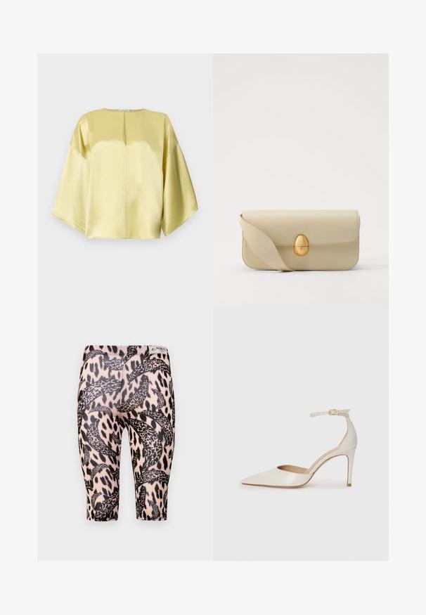 Sárga selyem blúz kerek nyakkal, rövid, széles ujjal és elülső kulcslyuk részlettel. Simel felület és laza fazon.; Fekete és bézs leggings leopárdmintás dizájnnal, ívelt mintázattal. Rugalmas anyagból készült, a kényelem és a megfelelő illeszkedés érdekében.; Fehér bőr, magassarkú cipő hegyes orral, bokapánttal és vékony tűs sarkal. Simaszövet, finom fényes felülettel.; Beige bőrtáska sima textúrával, téglalap alakban, arany ovális zárral. Hosszú, állítható pánttal rendelkezik.