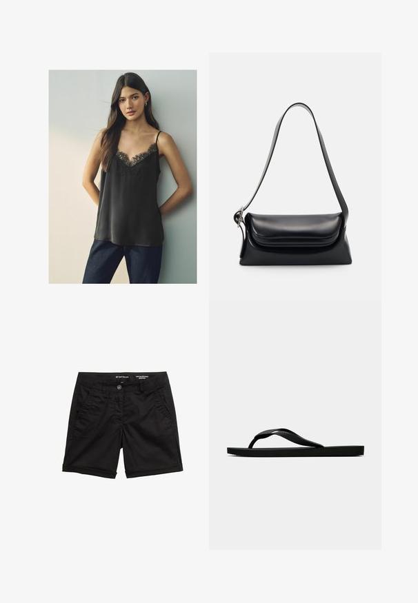 Camisola din satin negru cu decolteu în V din dantelă și bretele subțiri, purtată cu blugi albaștri închisi, pe un fundal neutru.; Pantaloni scurți Bermuda negri dintr-un amestec de bumbac, cu închidere cu nasture, două buzunare frontale și tiv rulat. Textură netedă, design clasic.; Sandala flip-flop din cauciuc negru, cu un bretele texturat și o talpă simplă și plată, prezentată din lateral pe un fundal simplu și deschis.; Geantă de mână din piele neagră cu o formă structurată, o textură netedă și o singură curea de umăr. Are un design subtil cu clapetă rotunjită.