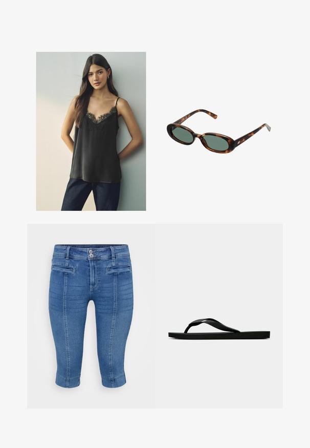 Camisola din satin negru cu decolteu în V din dantelă și bretele subțiri, purtată cu blugi albaștri închisi, pe un fundal neutru.; Pantaloni capri din denim albastru, cu un design ajustat, două buzunare frontale și un tiv manșetat. Materialul are o textură netedă, cu ușoare efecte de decolorare.; Sandala flip-flop din cauciuc negru, cu un bretele texturat și o talpă simplă și plată, prezentată din lateral pe un fundal simplu și deschis.; Ochelari de soare cu ramă din scoică de broască țestoasă și lentile verzi. Au brațe subțiri cu un accent metalic aproape de balamale.