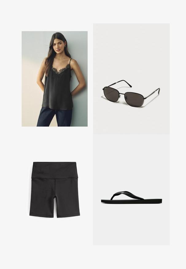 Camisola din satin negru cu decolteu în V din dantelă și bretele subțiri, purtată cu blugi albaștri închisi, pe un fundal neutru.; Next CYCLING - Pantaloni scurți - ultimate black; Sandala flip-flop din cauciuc negru, cu un bretele texturat și o talpă simplă și plată, prezentată din lateral pe un fundal simplu și deschis.; Ochelari de soare de metal negri cu rame ovale, lentile închise la culoare, brațe subțiri și un logo discret pe lentila stângă. Design elegant, minimal.
