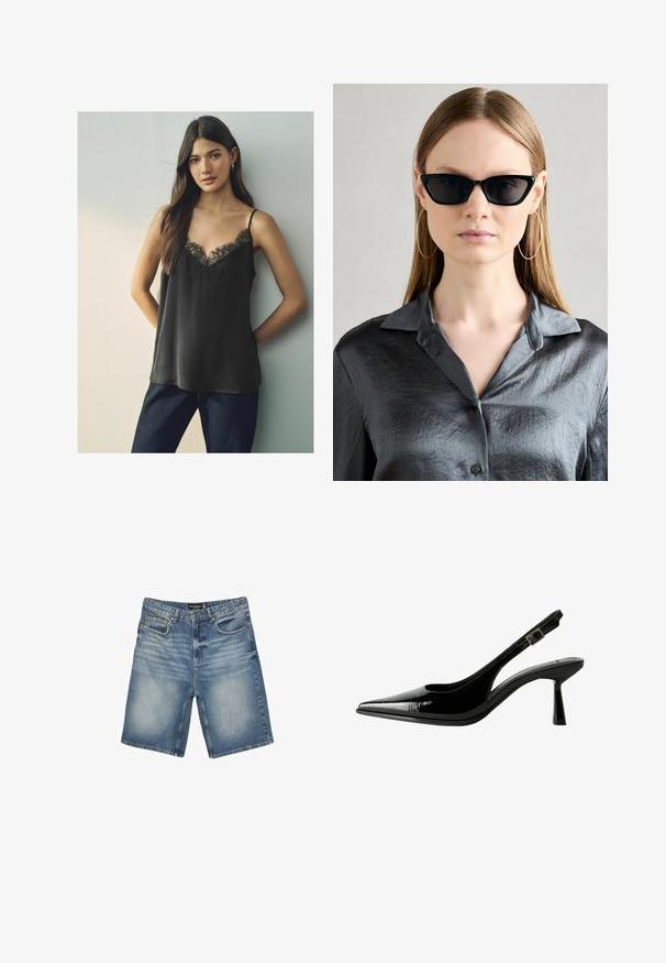 Crna satenska majica bez rukava s čipkastim V-izrezom i tankim trakama, nošena uz tamnoplave traperice, nasuprot neutralnoj pozadini.; Svijetloplave traper kratke hlače s pojasom s petljama za remen, pet džepova i blago izblijeđenim završetkom za efekat nosenosti.; Crne lakovane kožne cipele s otvorenom petom, šiljastim vrhom, izrezanim stranama, podešavajućom naramenicom i tankim, elegantnim potplatom.; Crne sunčane naočale u obliku mačjih očiju s sjajnom završnom obradom, nošene uz teksturiranu sivo dugmadastu košulju s ovratnikom. Velike okrugle naušnice su vidljive.; Srebrna clutch torbica u obliku srca napravljena od pločica koje odražavaju svjetlost, sa zakretom za zatvaranje i lancem za nošenje. Glatka tekstura sa reflektirajućom površinom.