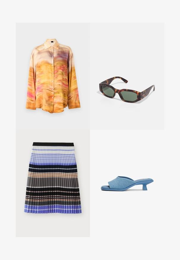 Zijde button-up shirt met een abstract patroon in tinten oranje, roze en paars, voorzien van een spread collar en lange mouwen.; MUNTHE MARMING - A-lijn rok - multi-coloured; Blauwe denim slide sandalen met een kruisriemontwerp, uitgerust met een lage geometrische hak en een glad, textuur oppervlak.; Schildpadbril met rechthoekige groene lenzen, brede montuur en dikke pootjes. Beschikt over een slank ontwerp en een gladde kunststof textuur.; Bruine suède schoudertas met een zachte textuur, voorzien van een enkele schouderband en een subtiele, gebogen bovenopening. Geen zichtbare hardwaredetails.