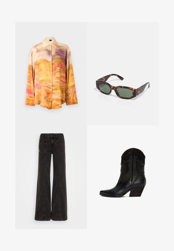 Jedwabna koszula z guzikami z abstrakcyjnym wzorem w odcieniach pomarańczowego, różowego i fioletowego, z kołnierzykiem typu spread i długimi rękawami.; Czarne dżinsy o szerokich nogawkach, wykonane z denimu, z wysokim stanem, przednimi kieszeniami oraz stonowanym przeszyciem wzdłuż szwów.; Czarne skórzane kowbojskie buty z ostrym noskiem, dekoracyjnym przeszyciem na górnej części oraz zwężającym się drewnianym obcasem. Gładka tekstura na całej powierzchni.; Okulary przeciwsłoneczne w stylu żółwim z prostokątnymi zielonymi soczewkami, szeroką oprawką i grubymi zausznikami. Charakteryzują się eleganckim designem i gładką plastikową teksturą.