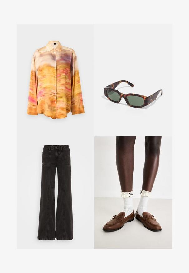Silk button-up shirt featuring an abstract pattern in shades of orange, pink, and purple with a spread collar and long sleeves.; Black wide-leg jeans made of denim, featuring a high waist, front pockets, and tonal stitching along the seams.; Brown leather loafers with a rounded toe and tied bow detail, paired with white ribbed socks and ruffled cream cuffs featuring black accents.; Tortoiseshell sunglasses with rectangular green lenses, wide frame, and thick temples. Features a sleek design and a smooth plastic texture.; Black tote bag with a smooth nylon exterior, featuring long leather straps, a detachable shoulder strap, and a gold logo plaque.