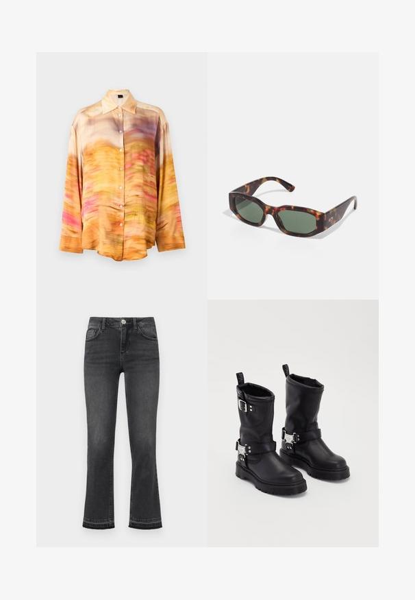 Zīda krekls ar pogu, kuru rotā abstrakts raksts oranžās, rozā un purpursarkanās krāsās, ar izplatītu apkakli un garām piedurknēm.; Izlocītas džinsus tumši pelēkā denima ar nolietotu tekstūru, ar priekšējo pogu, rāvējslēdzēju un piecu kabatu dizainu.; Melni ādas potītes zābaki ar izturīgu zoli, ar sānu sprādzi un dekoratīvu aparatūru. Gluda tekstūra ar cilpu.; Čūsku bruņurupuču saulesbrilles ar taisnstūra zaļiem objektīviem, platu rāmi un biezām kājām. Iespējams izsmalcināts dizains un gluda plastmasas tekstūra.; Melnā iepirkumu soma ar gludu neilona virsmu, aprīkota ar garām ādas siksnām, noņemamu plecu siksnu un zelta logotipu.