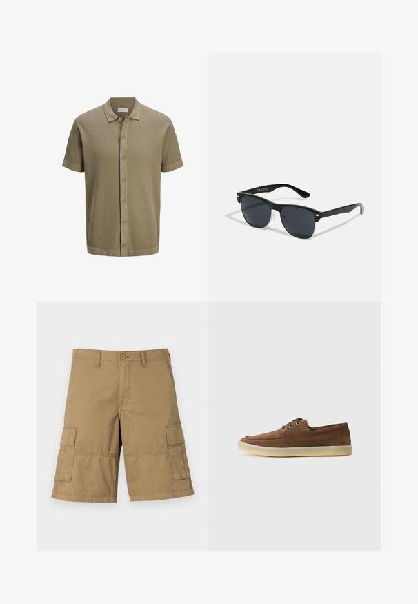 Īsām piedurknēm polo krekls olīvzaļā krāsā ar pogu priekšpusi, strukturēta adīta auduma, taisna apakšmala un ribota apkakle un piedurknes.; Kaki krāsas kravas šorti ar taisnu griezumu, kas aprīkoti ar divām sānu kabatām un pogu aizdari viduklī. Visā virsmā vienmērīga tekstūra.; Brūni zamša apavi ar zemu profilu, auklētu dizainu, gumijas zoli un kontrastējošiem šuvumiem. Vienkāršs un funkcionāls stils.; Melnas saulesbrilles ar taisnstūra formu, tumšiem stenģiem, sudraba akcentiem pie tempļiem un matētu apdari uz rāmja.
