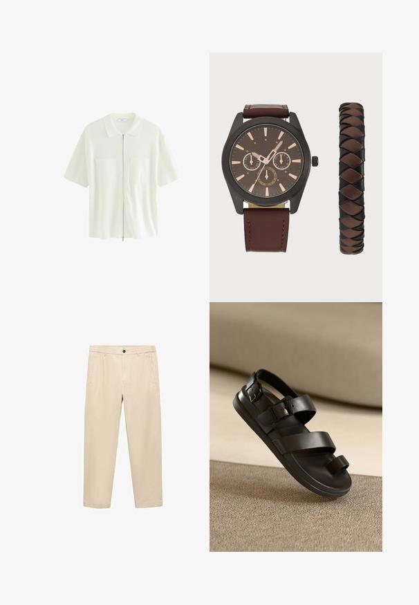 Cămașă albă cu mânecă scurtă și fermoar, realizată dintr-un material texturat, având un guler și două buzunare frontale cu clapete pătrate.; Pantaloni casual bej, confecționați dintr-un material moale; au un tiv elastic la talie, buzunare frontale și un croi drept.; Sandale negre cu trei curele late, accente cu cataramă și talpă plată. Fabricate din material neted cu o finisare mată.; Pier One SET - Ceas de mână - black/brown; Pier One SET - Ceas de mână - black/brown