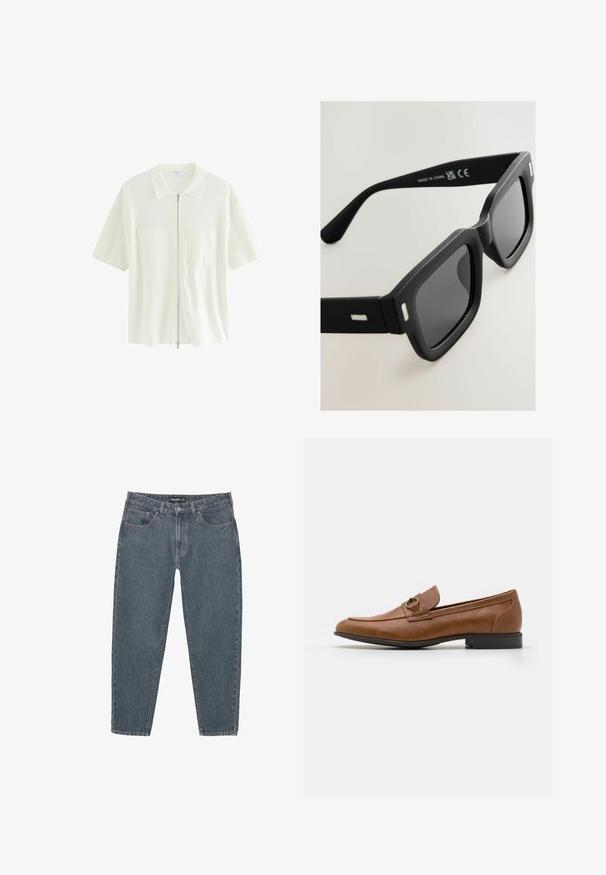 Kortærmet, hvid zip-shirt lavet af struktureret stof, med krave og to forlommer med firkantede klapper.; Mørkeblå denim jeans med afslappet pasform, fem-lomme design, knaplukning og en let slidset kant. Holdbart materiale med subtil tekstur.; Brune læder slip-ons med flad hæl, prydet med en dekorativ metalaccent foran, med et strømlinet design og glat tekstur.; Sorte rektangulære solbriller med mat finish, mørke linser og sølvfarvede detaljer på tempelene. Har en tykk ramme og en glat overflade.; Hvid perlekæde med ensartet rund form, glat overflade og metalspænde med forlængerkæde for justerbar længde.