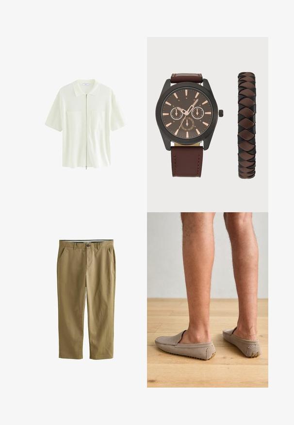 Kortärmad, vit zip-up skjorta i texturerad tyg, med krage och två framfickor med fyrkantiga lock.; Khaki chinos tillverkade av bomullsblandning, med två sidofickor, knappstängning, raka ben och en mjuk textur.; Beige mockasins i mockaimitation med rund tå och dekorativt broderi, med texturerade gummisulor och små gyllene detaljer.; Pier One SET - Klocka - black/brown