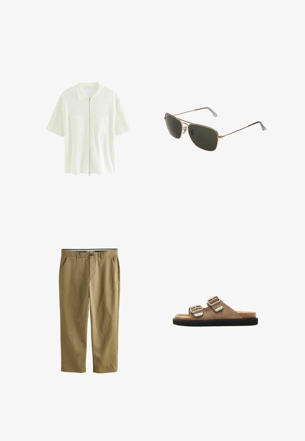Krótki rękaw, biała koszula na zamek, wykonana z teksturowanej tkaniny, z wykończeniem kołnierzyka i dwiema przednimi kieszeniami z kwadratowymi klapami.; Khaki chinos wykonane z mieszanki bawełny, z dwiema kieszeniami bocznymi, zapięciem na guzik, prostymi nogawkami i gładką teksturą.; Zamszowe klapki w kolorze brązowym z dwiema regulowanymi srebrnymi klamrami, czarną teksturowaną podeszwą oraz perforowanymi detalami w górnej części.; Złote metalowe okulary przeciwsłoneczne w stylu aviator z dużymi ciemnozielonymi soczewkami, z cienką oprawką i przezroczystymi podkładkami nosowymi dla komfortu.