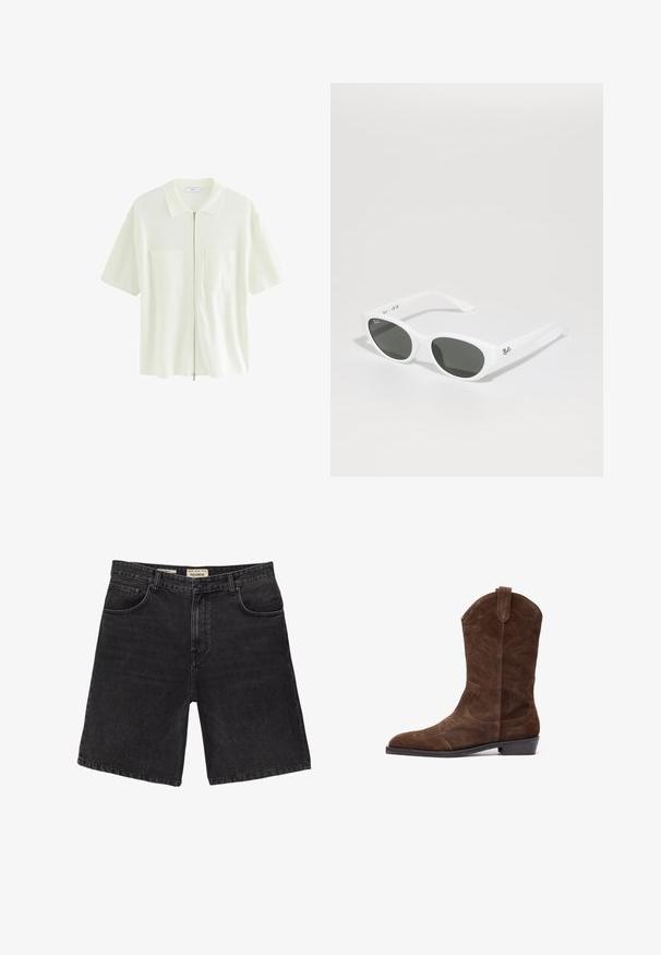 Kortärmad, vit zip-up skjorta i texturerad tyg, med krage och två framfickor med fyrkantiga lock.; Svarta denimshorts med klassisk skärning, som har femficksdesign och knappstängning. Texturerad tyg, ren finish och rak fåll.; Brun mockaskåpa med spetsig tå, präglade sömnadsdetaljer och en låg staplad klack. Har sidodragflikar för enkel påtagning.; Vita solglasögon med runda bågar och mörka linser. Har en slät plaststruktur och en liten logotyp på skalmen.