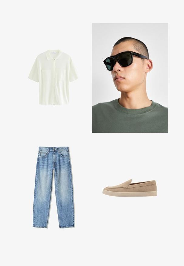 Cămașă albă cu mânecă scurtă și fermoar, realizată dintr-un material texturat, având un guler și două buzunare frontale cu clapete pătrate.; Jeans din denim de culoare albastru deschis, cu croială lejeră, design drept, cinci buzunare și textură uzată. Include închidere cu un buton și fermoar în față.; Pantofle din suede bej, cu varf rotund si detalii cusute. Talpa din cauciuc de culoare deschisa, cu un design de profil scazut.; Ochelari de soare rectangulari negri cu lentile închise, având o formă distinctivă și branding pe templu. Purtați de o persoană într-o cămașă verde.