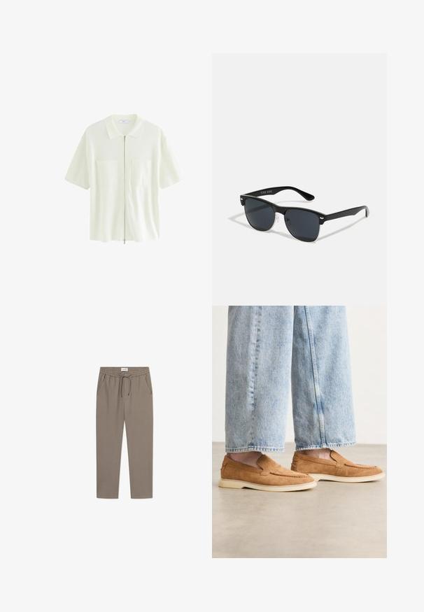 Rövid ujjú, fehér cipzáras ing, amely texturált anyagból készült, galléros nyakkal és két első zsebével, négyzet alakú fedéllel.; Szürke melegítőnadrág elasztikus derékkal, zsinórral és oldalsó zsebekkel. Az anyag simának tűnik, laza fazonú, szűkített lábakkal.; Barna velúr slip-on cipők alacsony profilú, krémszínű talppal és varrási részletekkel, világoskék farmernadrággal párosítva.; Fekete napszemüveg, téglalap alakú, sötét lencsékkel, ezüst részletekkel a szárakon, és matt felülettel a kereten.