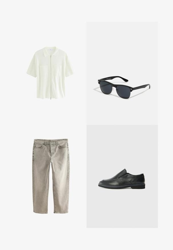 Korte mouw, witte ritshemd gemaakt van textuurstof, met een kraag en twee voorzakken met vierkante flappen.; Lichtgrijze denim jeans met een recht model, vijf zakken en gestikte accenten. Voorzien van een standaard tailleband en ritssluiting.; Zwarte leren instapper met een soepele bovenkant, gestikte accenten, ronde neus en een lage rubberen hak. De zool heeft minimale profiel.; Zwarte zonnebril met een rechthoekige vorm, donkere lenzen, zilveren accenten bij de slapen en een matte afwerking op het montuur.