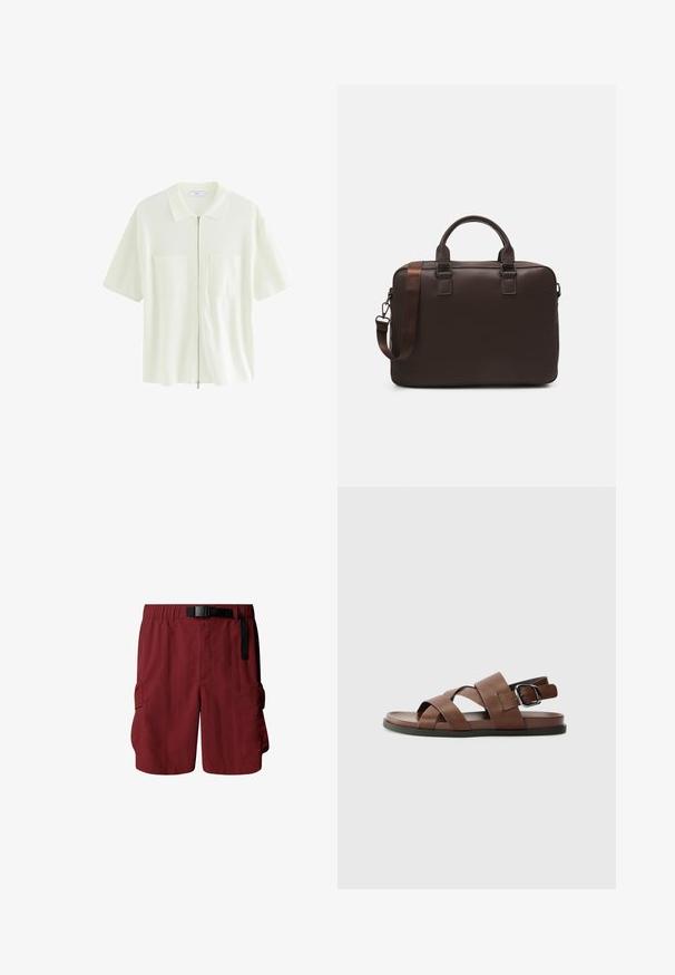 Kurzärmliges, weißes Kapuzenshirt aus strukturiertem Stoff mit Kragen und zwei Vordertaschen mit quadratischen Klappen.; Bordeauxrote Cargo-Shorts mit elastischem Bund und verstellbarem Gürtel. Verfügt über zwei Seitentaschen zur Aufbewahrung. Hergestellt aus leichtem Stoff.; Braune Ledersandalen mit Kreuzriemen, verstellbarem Schnallenverschluss, flacher Sohle und glatter Textur. Minimalistisches Design in neutraler Farbe.; Braune Leder-Laptoptasche mit strukturierter Oberfläche, doppelten Obergriffen, verstellbarem Gurt und zwei vorderen Schnallen für zusätzlichen Detailreichtum.