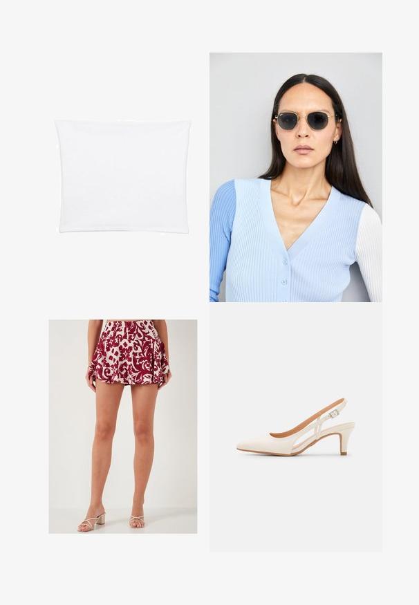 Biała poszewka na poduszkę o gładkiej, miękkiej fakturze, w kształcie prostokąta i z wyraźnymi brzegami, zaprojektowana do standardowych rozmiarów poduszek.; LELA - Spódnica trapezowa; Biała szpilka slingback z ostrym noskiem, gładkim materiałem wierzchnim, niskim obcasem blokowym oraz wycięciami po bokach i regulowanym paskiem z klamrą.; Okrągłe okulary przeciwsłoneczne z ciemnymi soczewkami i złotymi ramkami. Modelka nosi jasnoniebieski kardigan w prążki z guzikami i białymi rękawami w kontrastowym kolorze.; Portfel na nadgarstek marki Michael Kors w beżowej, pokrytej płótnem, z powtarzającym się wzorem logo MK, złotym okuciem i odpinanym łańcuszkowym paskiem.