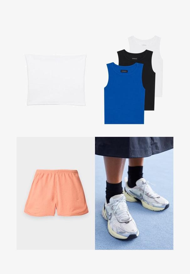 Biela obliečka na vankúš s hladkým, jemným povrchom, s obdĺžnikovým tvarom a čistými okrajmi, navrhnutá pre štandardné veľkosti vankúšov.; Tričko bez rukávov v modrej, čiernej a bielej farbe. Materiál je rebrovaný s okrúhlym výstrihom. Každé tričko má štítok s označením „even&odd.“; Ružové atletické krátke nohavice s rebrovanou textúrou, elastickým pásom a postrannými švami, s malým logom na dolnej pravej prednej strane.; Biele a strieborné Nike tenisky s mrežovou textíliou, reflexnými akcentmi a béžovou podrážkou. Nosené s čiernymi ponožkami, stojace na modrom povrchu.