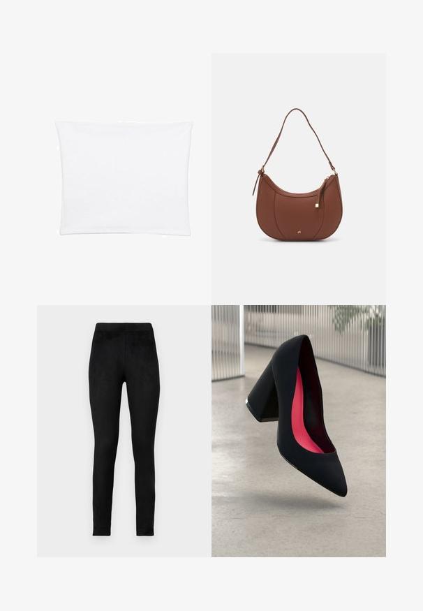 Bela prevleka za blazine z gladko, mehko teksturo, kvadratne oblike in čistimi robovi, zasnovana za standardne velikosti blazin.; Črne legice iz mehkega, elastičnega materiala, z visokim pasom in slim fit krojem. Gladka tekstura brez vidnih vzorcev ali okraskov.; Črne visoke petke z nazobčanim prstom, teksturirano površino in živahnimi rožnatimi notranjimi deli. Imajo robustno peto z srebrnim akcentom.; Rjava usnjena torbica z ramenskim ročajem, ukrivljene oblike, minimalnim šivom in zlato-tonirano kovinsko dekoracijo. Ima zgornje zapiranje na zadrgo in nastavljiv trak.