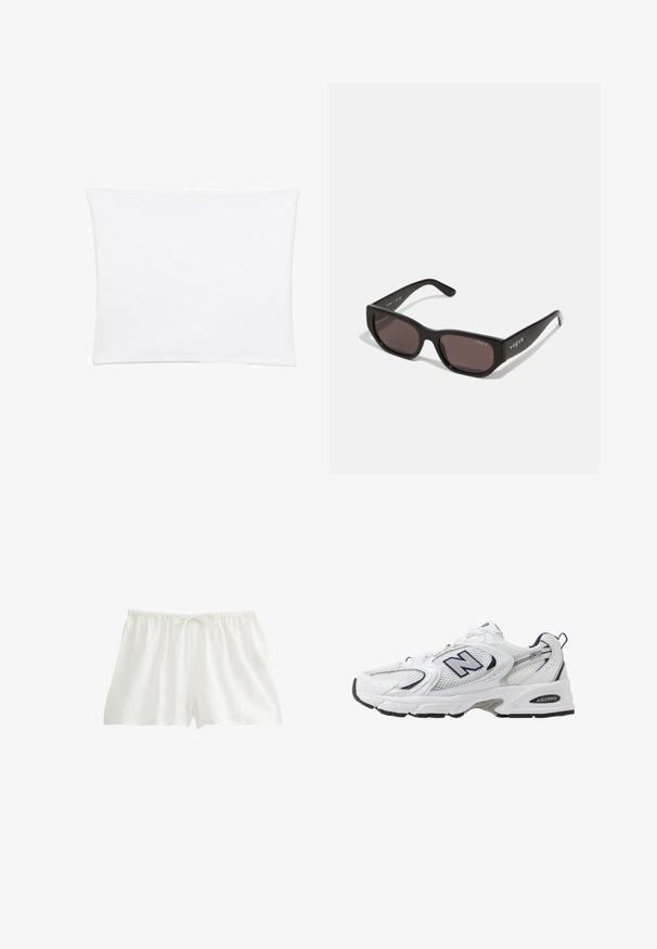 Fodera per cuscino bianca con una texture liscia e morbida, caratterizzata da una forma rettangolare e bordi puliti, progettata per cuscini di dimensioni standard.; Shorts bianchi in cotone con vita elastica e coulisse. Tessuto leggero con una finitura texturizzata, progettati per comfort e traspirabilità.; Scarpa sportiva bianca con tomaia in mesh, dettagli in blu marino e suola imbottita. Presenta il logo "N", lacci e dettaglio texturizzato sul lato.; Occhiali da sole rettangolari neri con lenti scure. Presentano una montatura in plastica liscia e un dettaglio del logo sulla tempia. Design pulito e moderno.; Borsa tote in pelle marrone con due manici, forma strutturata, dettagli in metallo dorato e un'etichetta decorativa attaccata frontalmente.