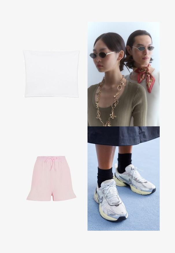 Biela obliečka na vankúš s hladkým, jemným povrchom, s obdĺžnikovým tvarom a čistými okrajmi, navrhnutá pre štandardné veľkosti vankúšov.; Svetloružové šortky z textúrovaného materiálu, s elastickým pásom a šnúrkou na stiahnutie, majú voľný a rozšírený strih.; Biele a strieborné Nike tenisky s mrežovou textíliou, reflexnými akcentmi a béžovou podrážkou. Nosené s čiernymi ponožkami, stojace na modrom povrchu.; Okulé s tmavými šošovkami a tenkým strieborným rámom. Jeden človek nosí zlatý náhrdelník, zatiaľ čo druhý má červený šatku s vzorom.