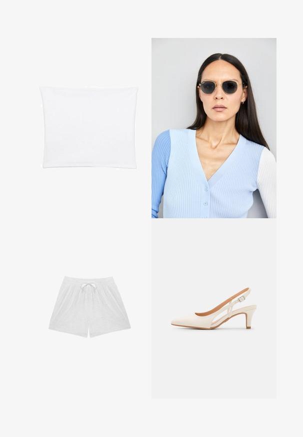 Bílý povlak na polštář s hladkým, jemným povrchem, s obdélníkovým tvarem a čistými okraji, navržený pro standardní velikosti polštářů.; Bílé bavlněné kraťasy s elastickým pasem a šňůrkou, zdobené květinovou výšivkou a prodyšnou strukturou.; Bílé lodičky na podpatku s špicatou špičkou, hladkým svrškem, nízkým blokovým podpatkem a designem s bočním výřezem se stahovací sponou.; Kulaté sluneční brýle s tmavými čočkami a zlatými rámy. Modelka má na sobě světle modrý žebrovaný kardigan s knoflíky a kontrastními bílými rukávy.; Kabelka na zápěstí Michael Kors v béžové potažené plátno s opakujícím se vzorem loga MK, zlatými kovovými doplňky a odnímatelným řetízkovým popruhem.