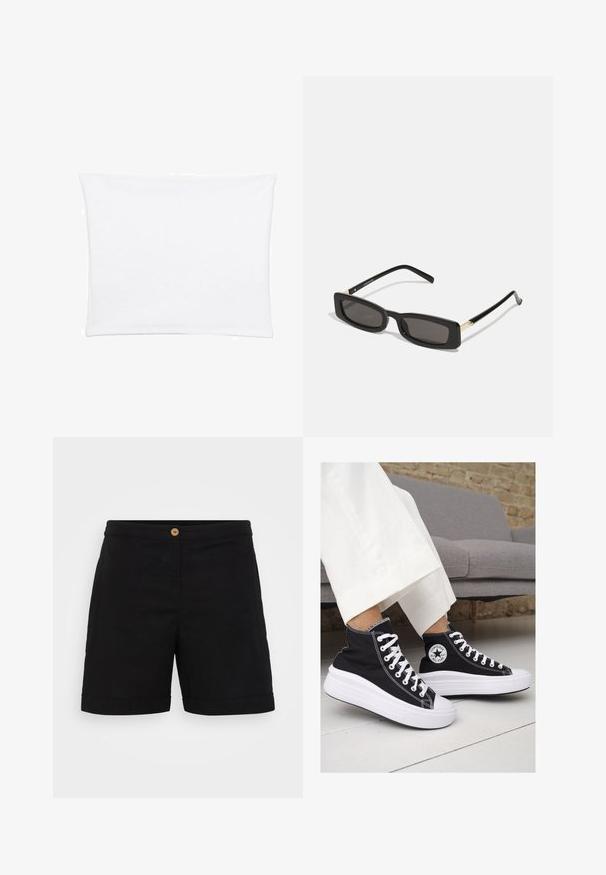 Bílý povlak na polštář s hladkým, jemným povrchem, s obdélníkovým tvarem a čistými okraji, navržený pro standardní velikosti polštářů.; Černé lněné šortky se štíhlým designem, které mají na pase jeden dřevěný knoflík a ohrnutý lem. Hladká textura se bočními kapsami.; Černé vysoké plátěné tenisky s bílými gumovými podrážkami a tkaničkami. Na boku mají kulaté logo a kontrastní bílé švy.; Černé obdélníkové sluneční brýle s tmavými skly, lesklými plastovými rámy a zlatými akcenty na spáncích. Minimalistický design a štíhlý tvar.; Stříbrné kruhové náušnice s designem mašle, s hladkým povrchem a lesklou texturou. Kompaktní, minimalistický styl vhodný pro různé příležitosti.