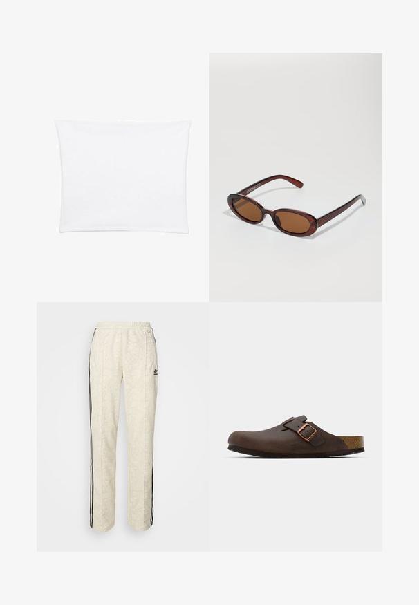 Biela obliečka na vankúš s hladkým, jemným povrchom, s obdĺžnikovým tvarom a čistými okrajmi, navrhnutá pre štandardné veľkosti vankúšov.; Krémové joggery s textúrovaným hadím vzorom. Majú čierne bočné pruhy a elastický pás. Čierny logový akcent na stehne.; Hnedé kožené dreváky s širokým remienkom a meďou pokovovanou prackou, s textúrovanou korkovou stielkou a hrubou čiernou gumovou podrážkou.; Okrúhle slnečné okuliare s hnedým nádychom a lesklým burgundským rámom. Úzke ramená s jemným brandovaním. Plochej šošovky dizajn.; Čierna kožená hobo taška s mäkkým, zakriveným tvarom. Má široké vrchné uško a nariasenie na spodnej časti, čo vytvára voľný vzhľad.