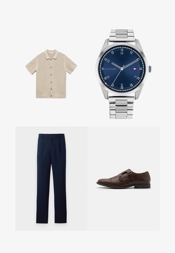 Beige kortærmet strikket skjorte med polo krave, der har et åbent vævemønster, fem knapper foran og ribbet kant.; Mørkeblå bukser lavet af glat stof, med en enkelt knaplukning, læg og lige ben. Minimalistisk design uden bemærkelsesværdige mønstre.; Brune læder dress sko med spids tå, udstyret med to justerbare spænder og et slankt, lavt profil design. Flad sort gummisål.; Sølvmetal ur med en børstet blå urskive, hvide timemarkører og en datovisning. Har et sammenkædet metalarmbånd og brandlogo.