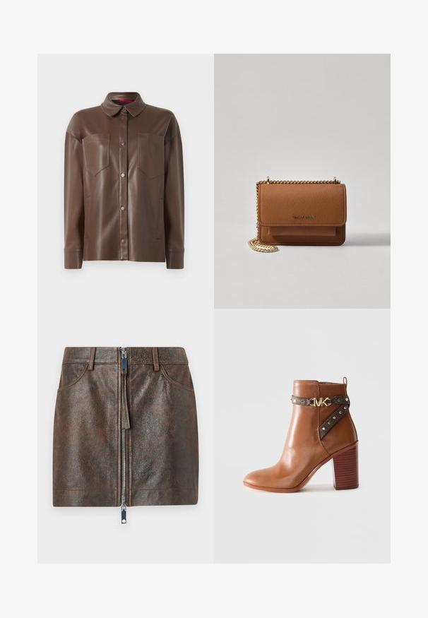 Brun kunstskinn skjortejakke med krage, front knappelukking og to brystlommer. Har en glatt tekstur og skreddersydd passform.; Brun skinn mini skjørt med en polert glidelås foran, to sidelommer og en teksturert overflate. Har en tettsittende fasong og standard linning.; Brune lær ankle boot med stablet blokhæl, sidestraps med guldnitter og en guld "MK" logo spænde.; Brun teksturert lær crossover-veske med gullkjede-stropp og klaffelukking. Fronten har logo-detalj og en lomme under klaffen.