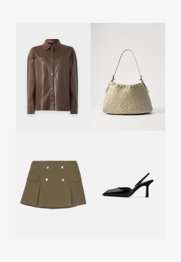 Pruun kunstnahast särgijakk, millel on krae, ees nuputasemel kinnitamine ja kaks rinna taskut. Omab sileda tekstuuri ja nahkse sobivuse.; Õlivärvi mini seelik, mis on valmistatud tekstureeritud kangast, millel on kaksikkinnitatud hõbedased nupud ja küljetaskud pleeditud disainiga.; Must musta slingback-kand käptelastega, terava varvaga, minimalismi disainiga, õhuke pahkluu rihm ja sujuv stiletto-kõrgus. Sile tekstuur.; DRAGON DIFFUSION HOBO SALVAGE - Käekott - pearl